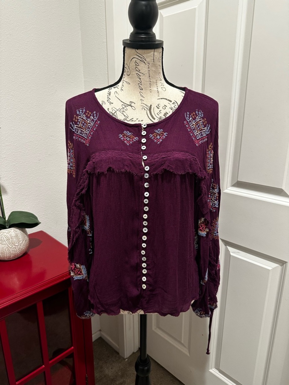Free People Plum Embroidered Button-Front Blouse